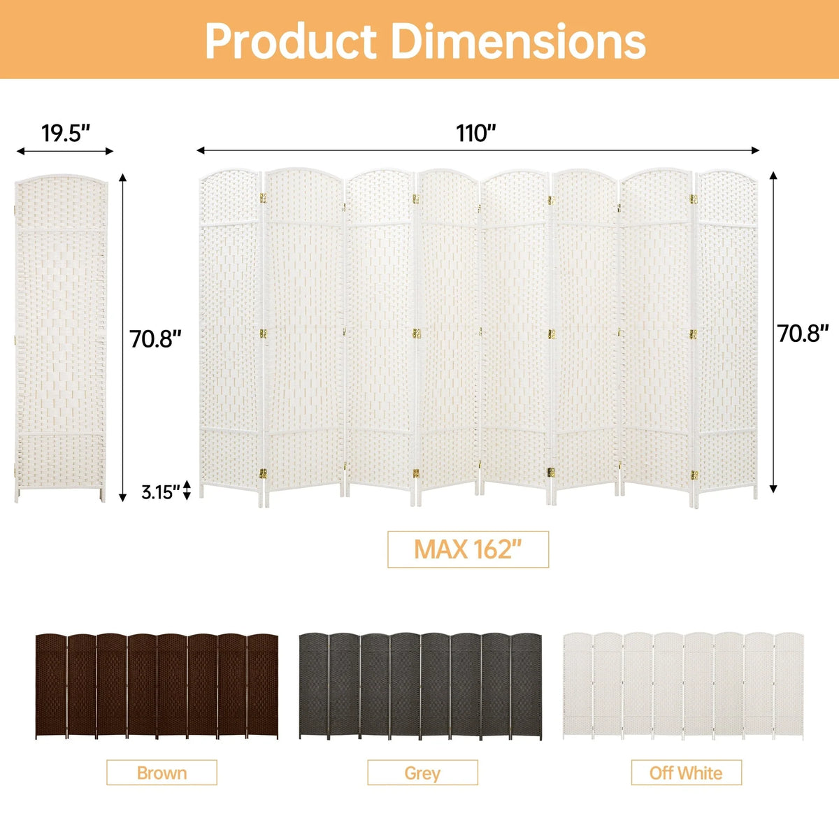 6 FT Tall Woven Fiber Room Divider, Freestanding Folding Privacy Screen