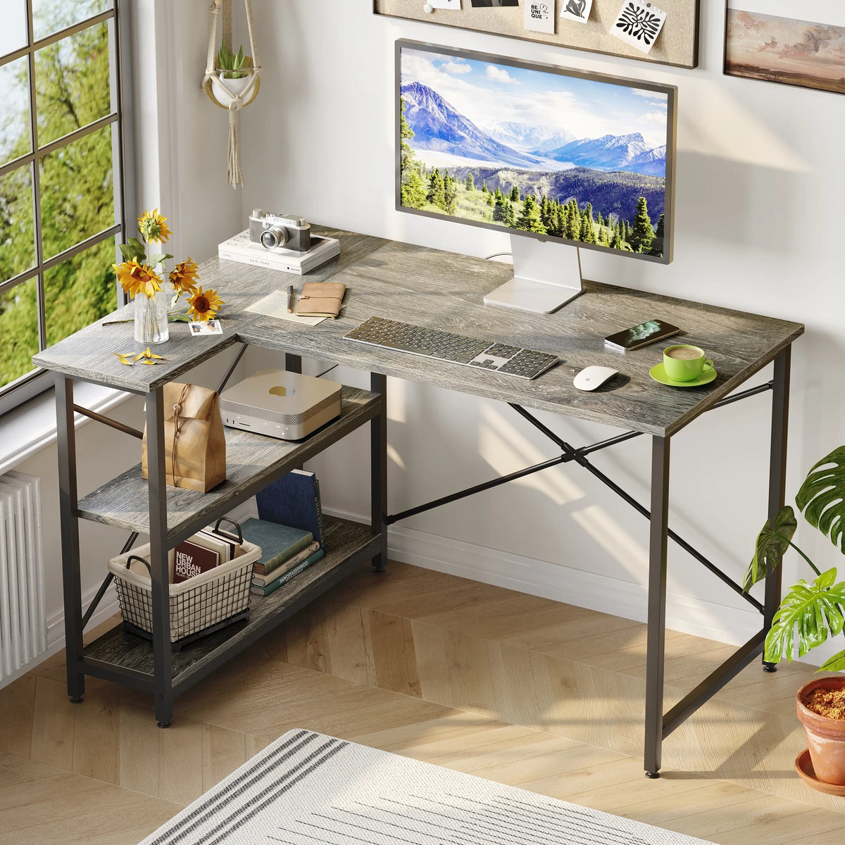 Small L Shaped Computer Desk with Storage Shelves, Compact Corner Workstation for Home Office and Study