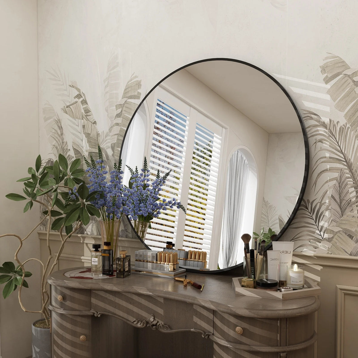 Round Metal Black Frame Bathroom Vanity Mirror, Wall Mounted Decorative Mirror