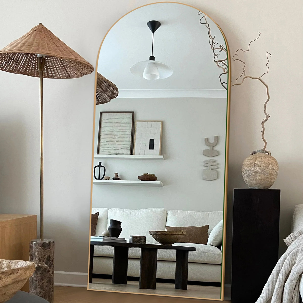 Arched Full Length Wood Floor Mirror, Full Body Standing and Wall Mounted Mirror for Bedroom, Living Room and Home Decor