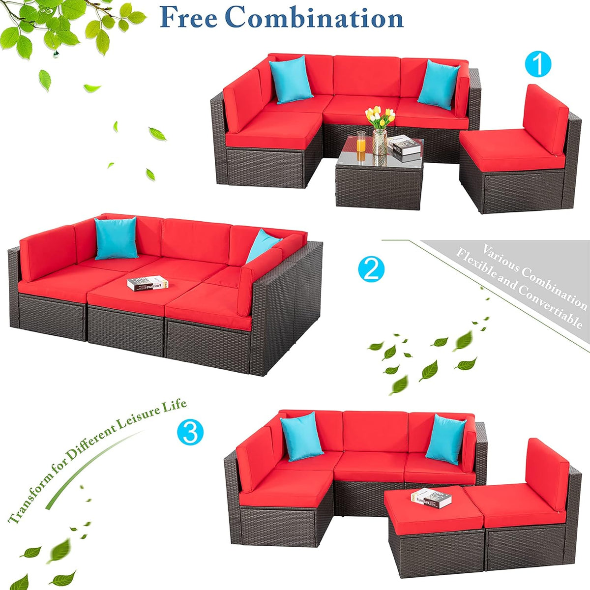 5-Piece All-Weather Patio Furniture Set with Ottoman, Outdoor Wicker Conversation Sofa Set with Cushions for Garden, Deck & Backyard