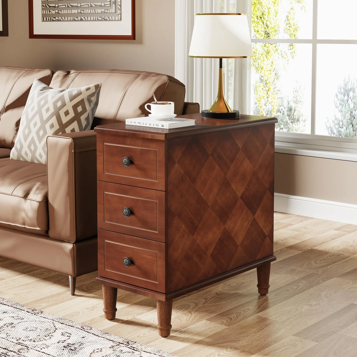 Fully Assembled Narrow End Table, Solid Wood Side Table with 3 Drawers, Vintage Nightstand for Small Spaces