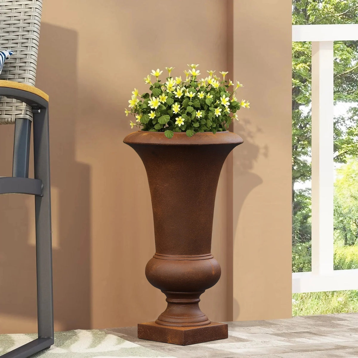 22.75" Tall Handmade Fiber Stone Urn Planter Pot, Decorative Outdoor Garden Flower Container for Patio and Home