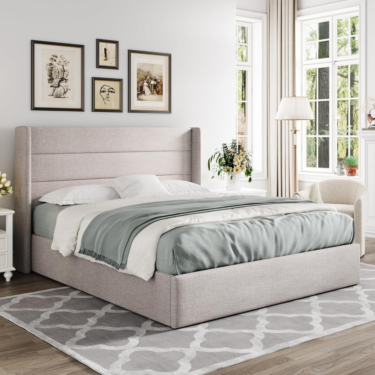 Queen Size Lift Up Storage Bed with Wingback Headboard, Upholstered Platform Bed Frame with Hidden Storage