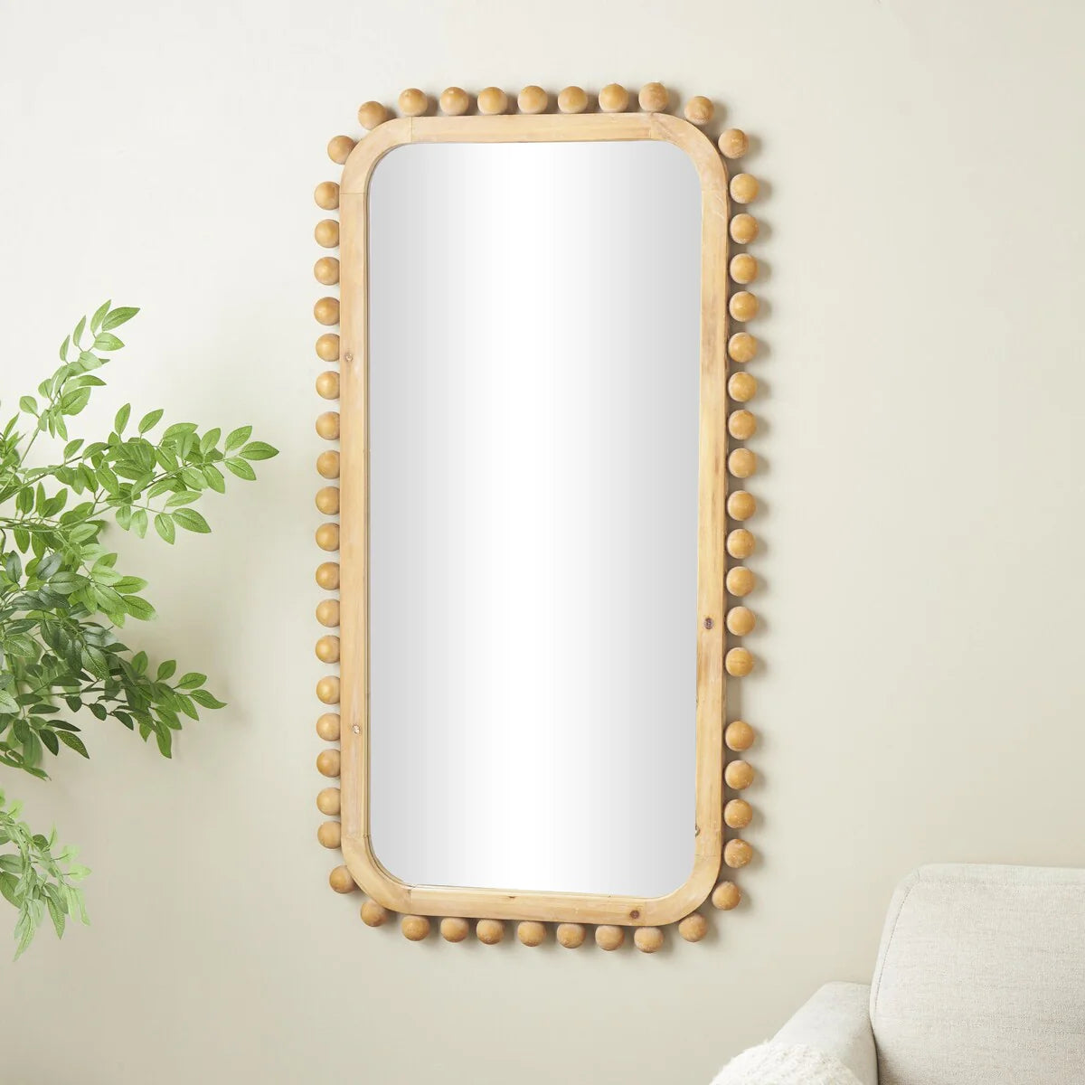 Brown Wood Wall Mirror with Beaded Frame, Rustic Decorative Mirror for Home