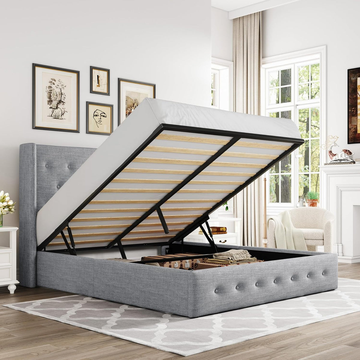 Queen Size Lift Up Storage Bed with Wingback Headboard, Upholstered Platform Bed Frame with Hidden Storage