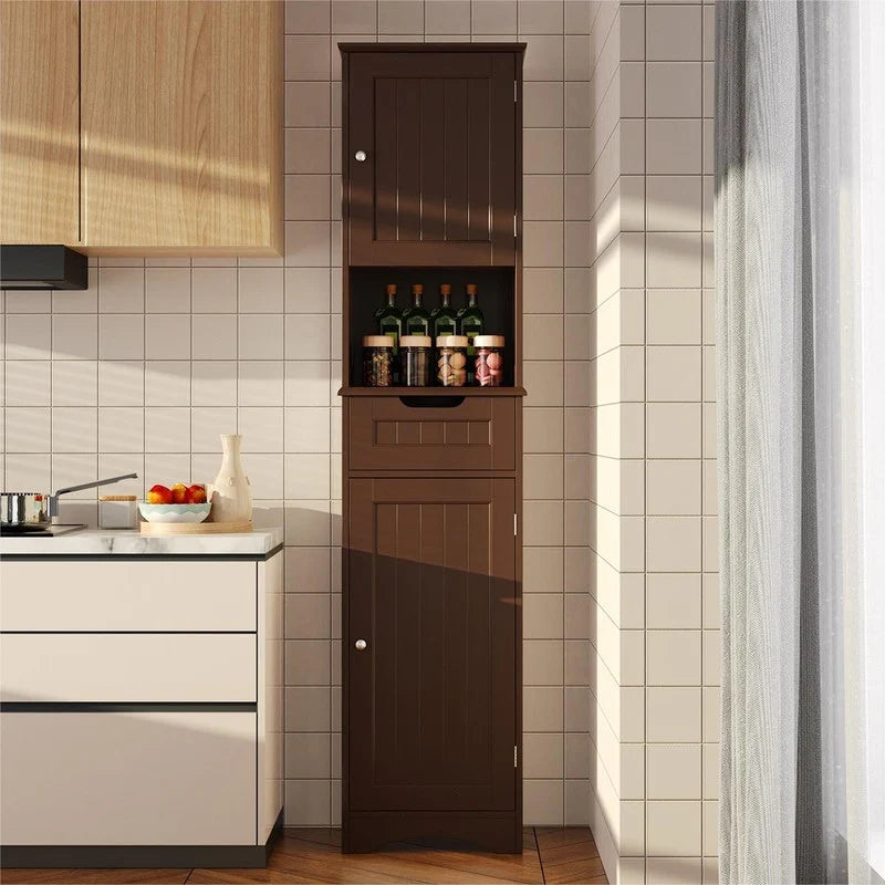 67 Inch Tall Narrow Bathroom Linen Cabinet, 5-Tier Solid Wood Freestanding Storage Cabinet