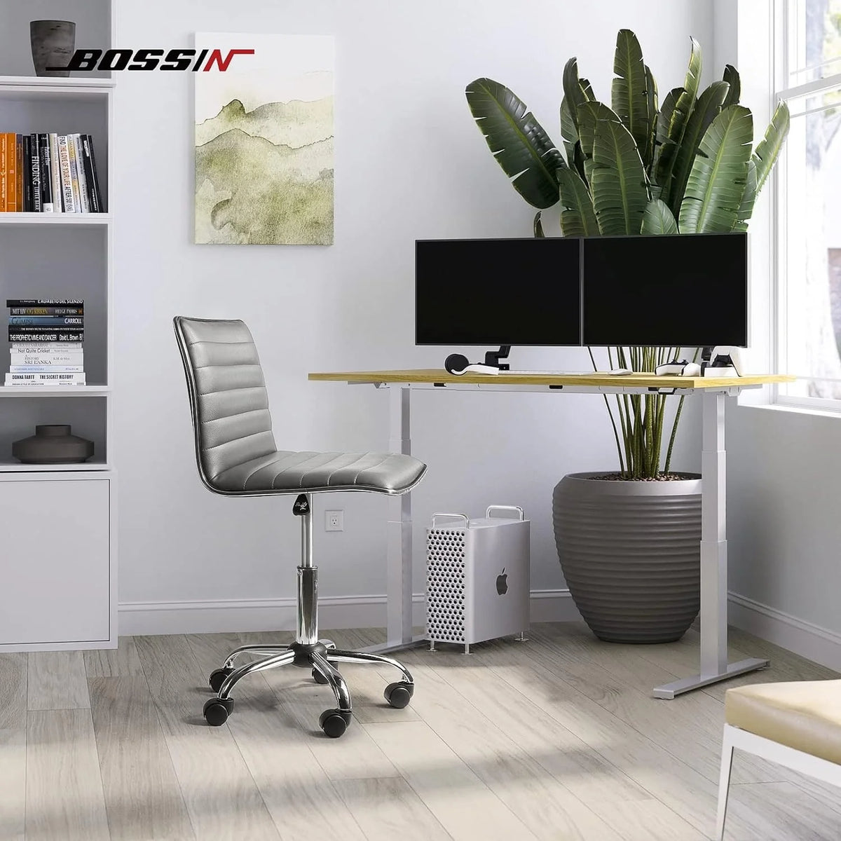 Adjustable Mid-Back Armless Swivel Office Chair, Ribbed Task and Vanity Chair for Small Spaces