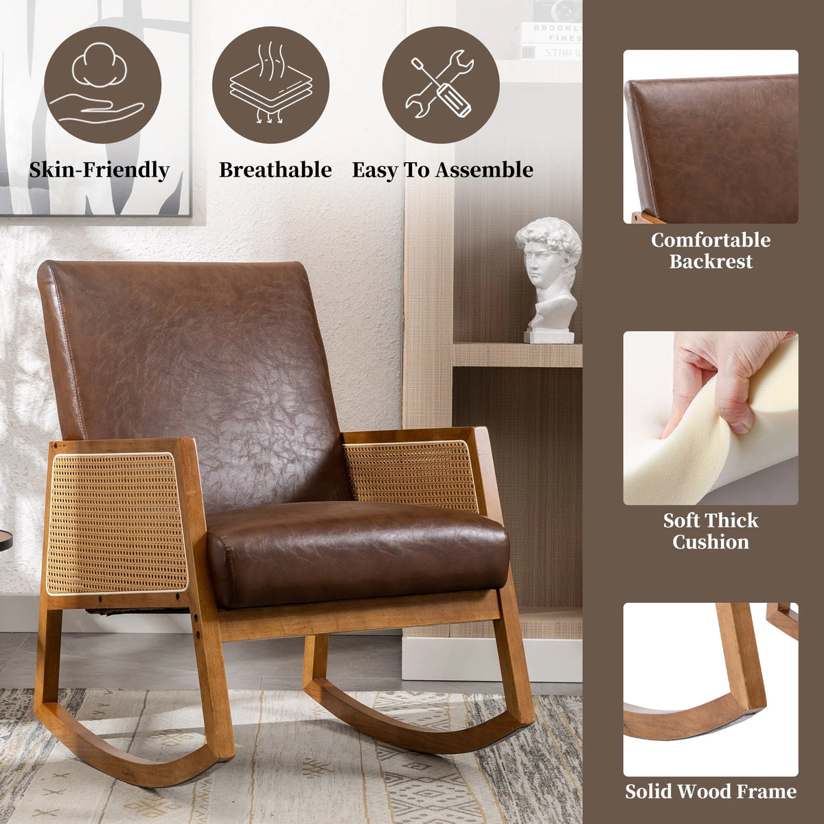 Upholstered Tall Back Rocking Chair, Smooth Gliding Accent Armchair for Comfortable Living Room Seating