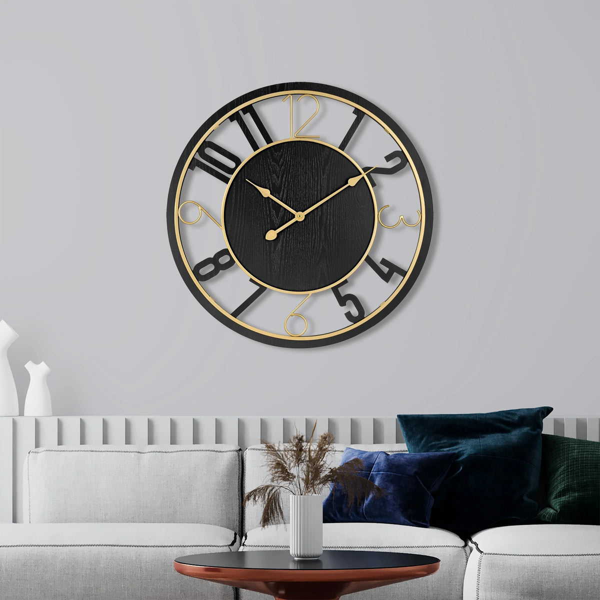 24 Inch Round Wooden Wall Clock, Modern Analog Clock with Numeral Design, Battery Operated