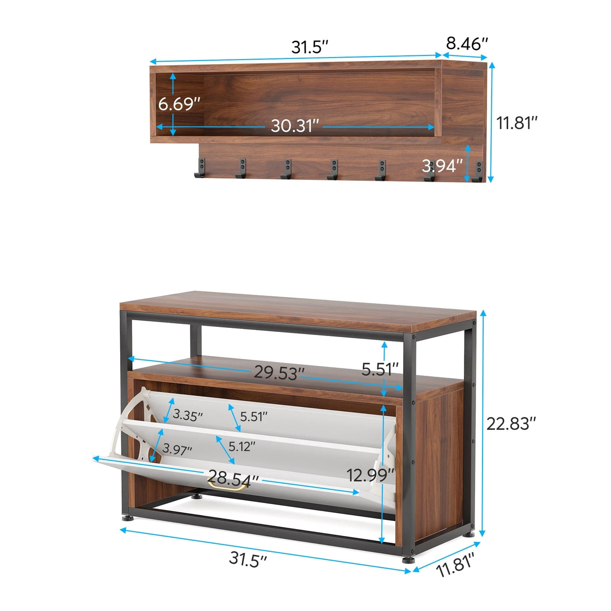 Entryway Coat Rack and Shoe Bench Set, Industrial Hall Tree with Coat and Shoe Storage