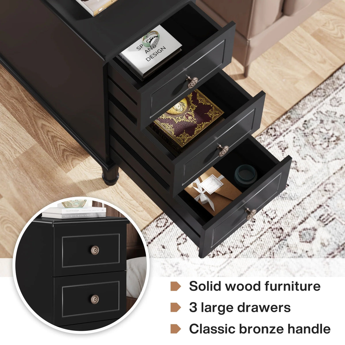 Fully Assembled Narrow End Table, Solid Wood Side Table with 3 Drawers, Vintage Nightstand for Small Spaces