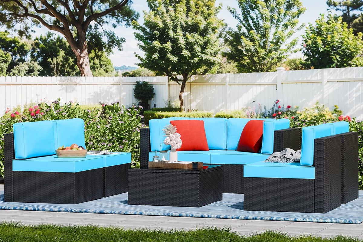 5-Piece All-Weather Patio Furniture Set with Ottoman, Outdoor Wicker Conversation Sofa Set with Cushions for Garden, Deck & Backyard