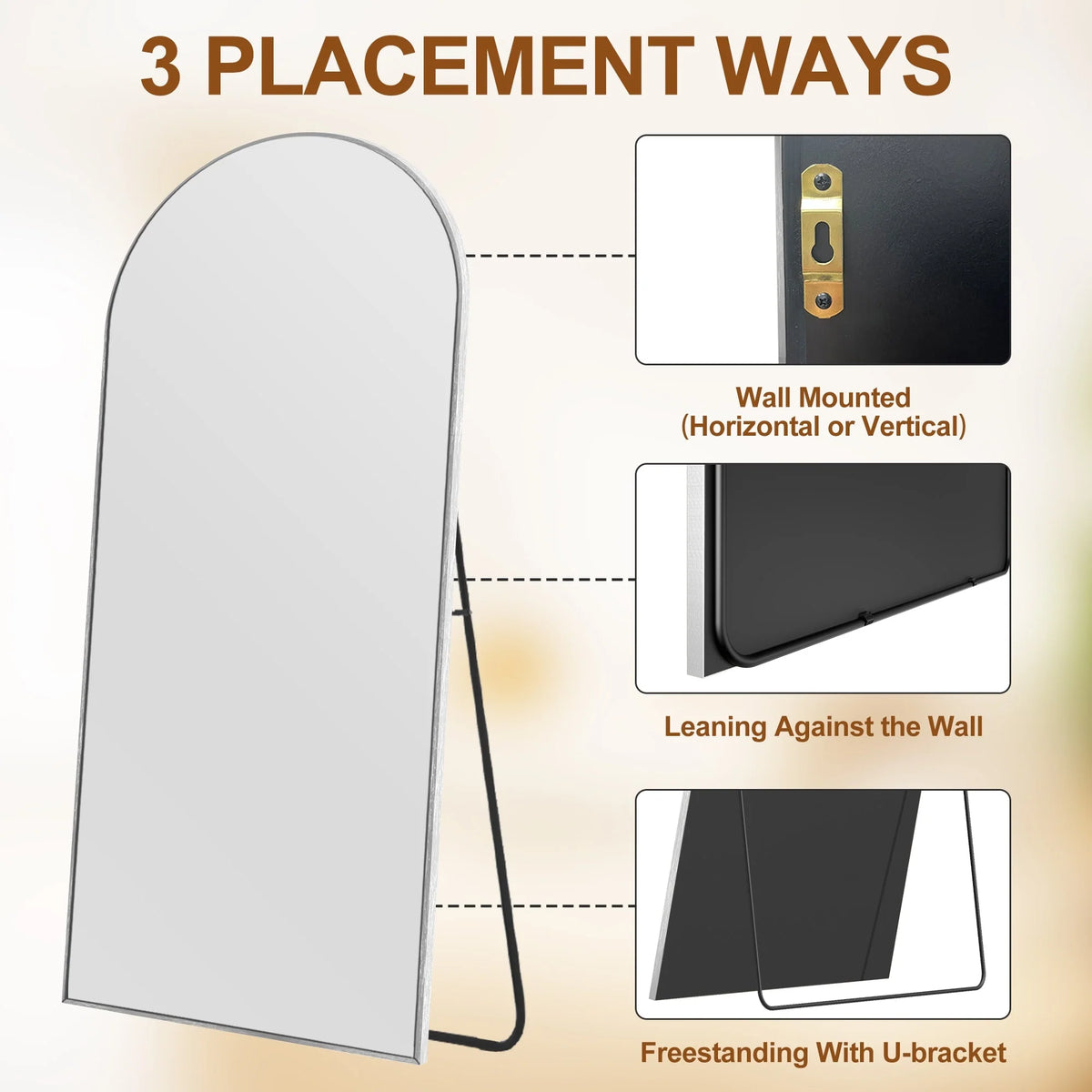 Modern Arched Full Length Floor Mirror, Aluminum Alloy Frame Standing Full Body Mirror