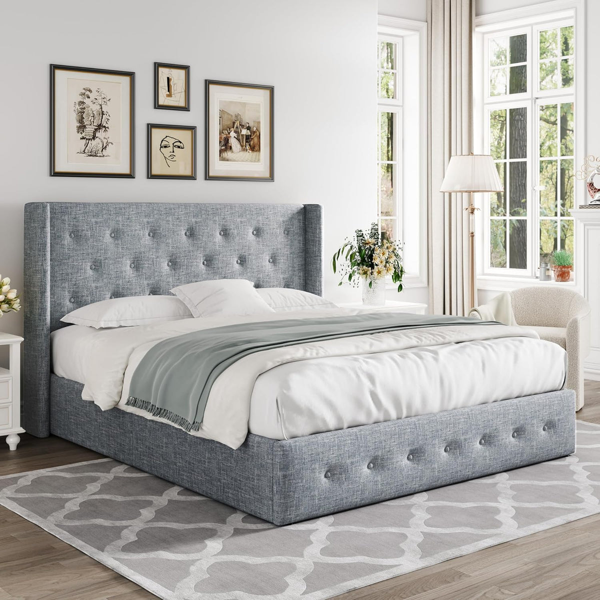 Queen Size Lift Up Storage Bed with Wingback Headboard, Upholstered Platform Bed Frame with Hidden Storage