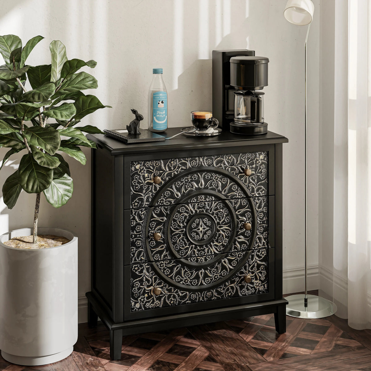 Farmhouse Fully Assembled Nightstand with 2 Drawers, Flower Motif End Table for Small Spaces