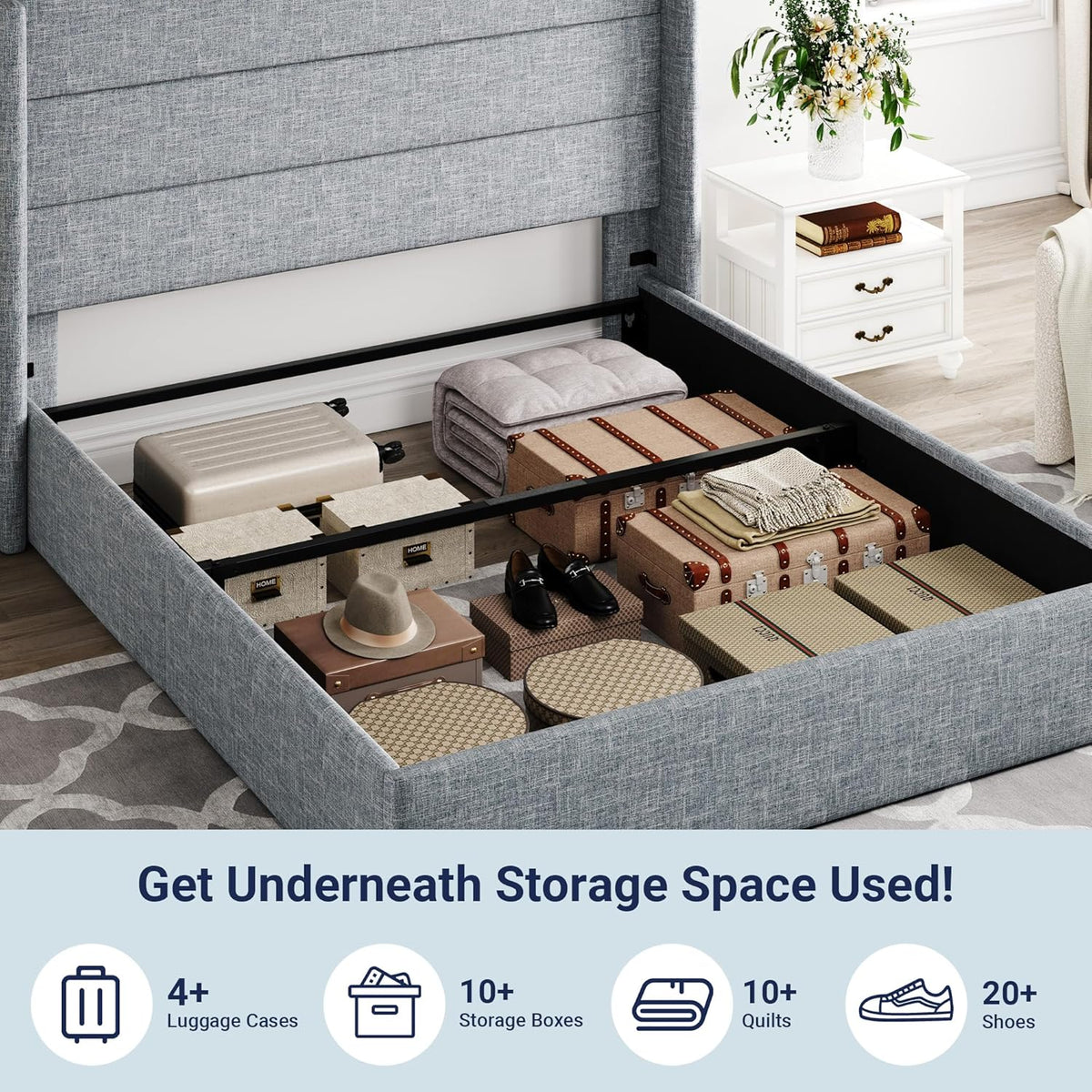 Queen Size Lift Up Storage Bed with Wingback Headboard, Upholstered Platform Bed Frame with Hidden Storage