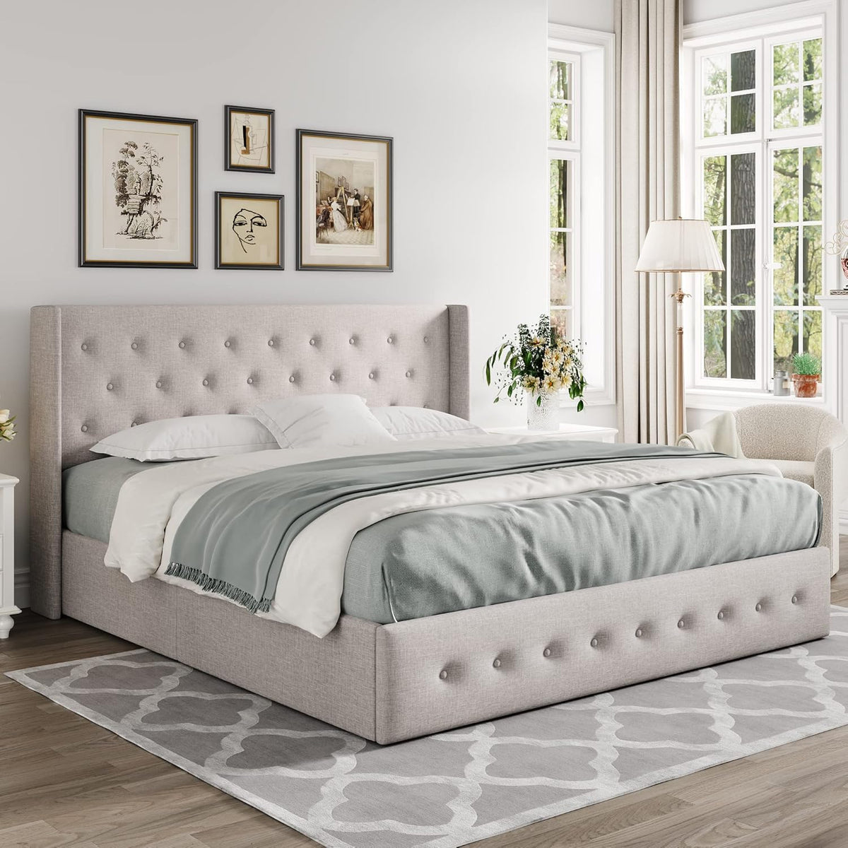 Queen Size Lift Up Storage Bed with Wingback Headboard, Upholstered Platform Bed Frame with Hidden Storage