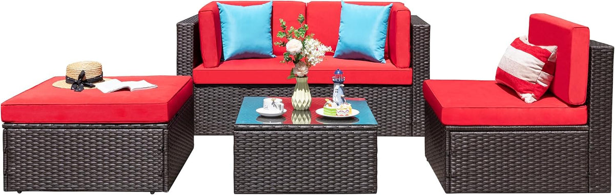 5-Piece All-Weather Patio Furniture Set with Ottoman, Outdoor Wicker Conversation Sofa Set with Cushions for Garden, Deck & Backyard