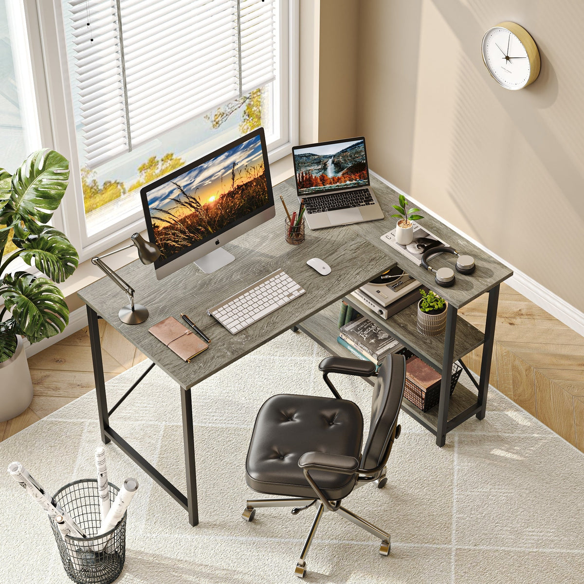Small L Shaped Computer Desk with Storage Shelves, Compact Corner Workstation for Home Office and Study