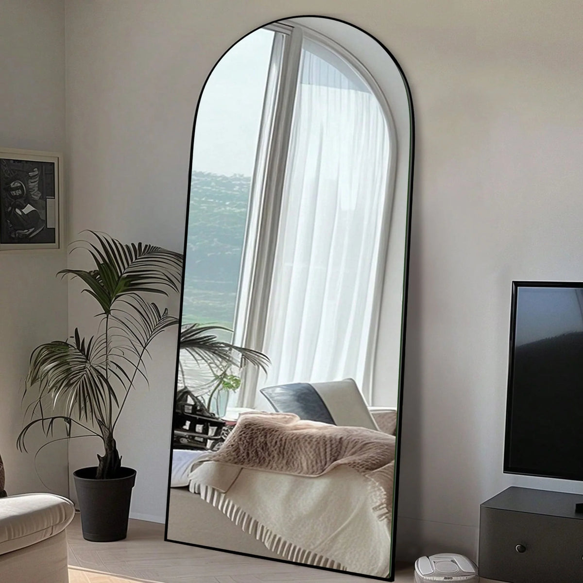 Arched Full Length Wood Floor Mirror, Full Body Standing and Wall Mounted Mirror for Bedroom, Living Room and Home Decor
