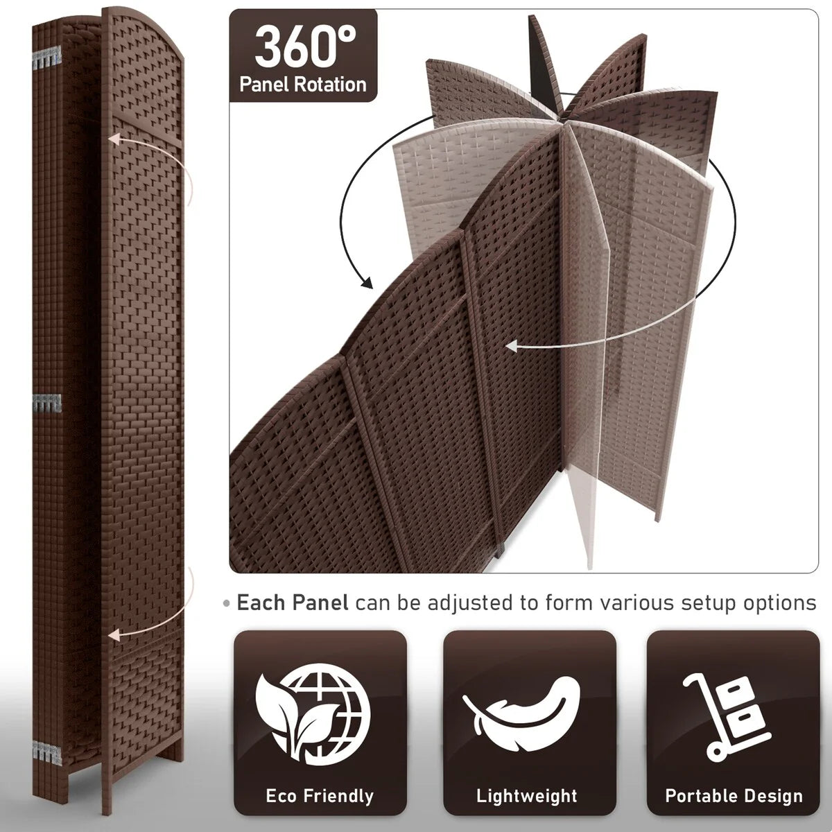 6 Panel Room Divider, 6ft Tall Extra Wide Folding Privacy Screen with Hand-Woven Mesh Panels