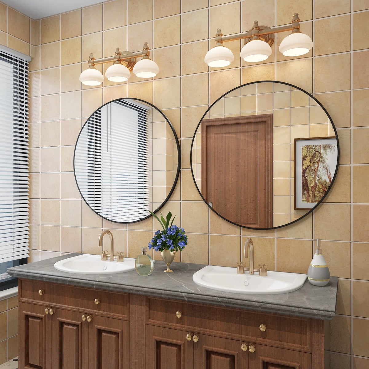 Round Metal Black Frame Bathroom Vanity Mirror, Wall Mounted Decorative Mirror