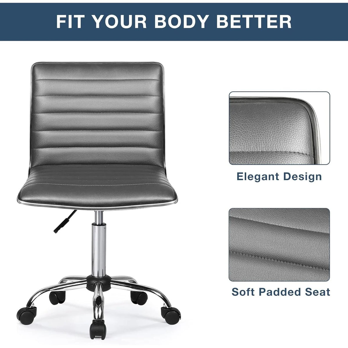 Adjustable Mid-Back Armless Swivel Office Chair, Ribbed Task and Vanity Chair for Small Spaces