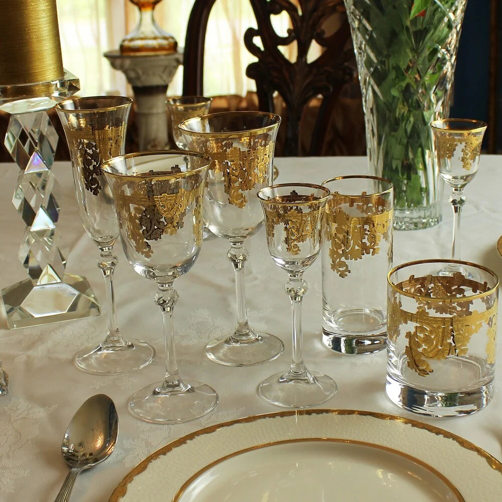 Set of 4 24K Gold Embellished Crystal Highball Tumblers, Made in Italy