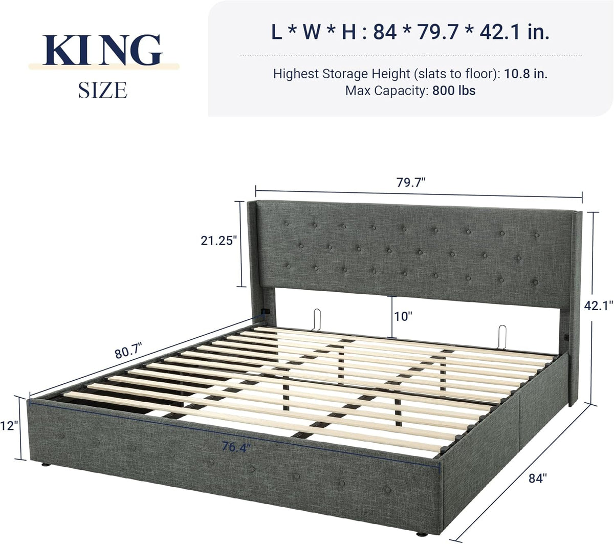 Queen Size Lift Up Storage Bed with Wingback Headboard, Upholstered Platform Bed Frame with Hidden Storage