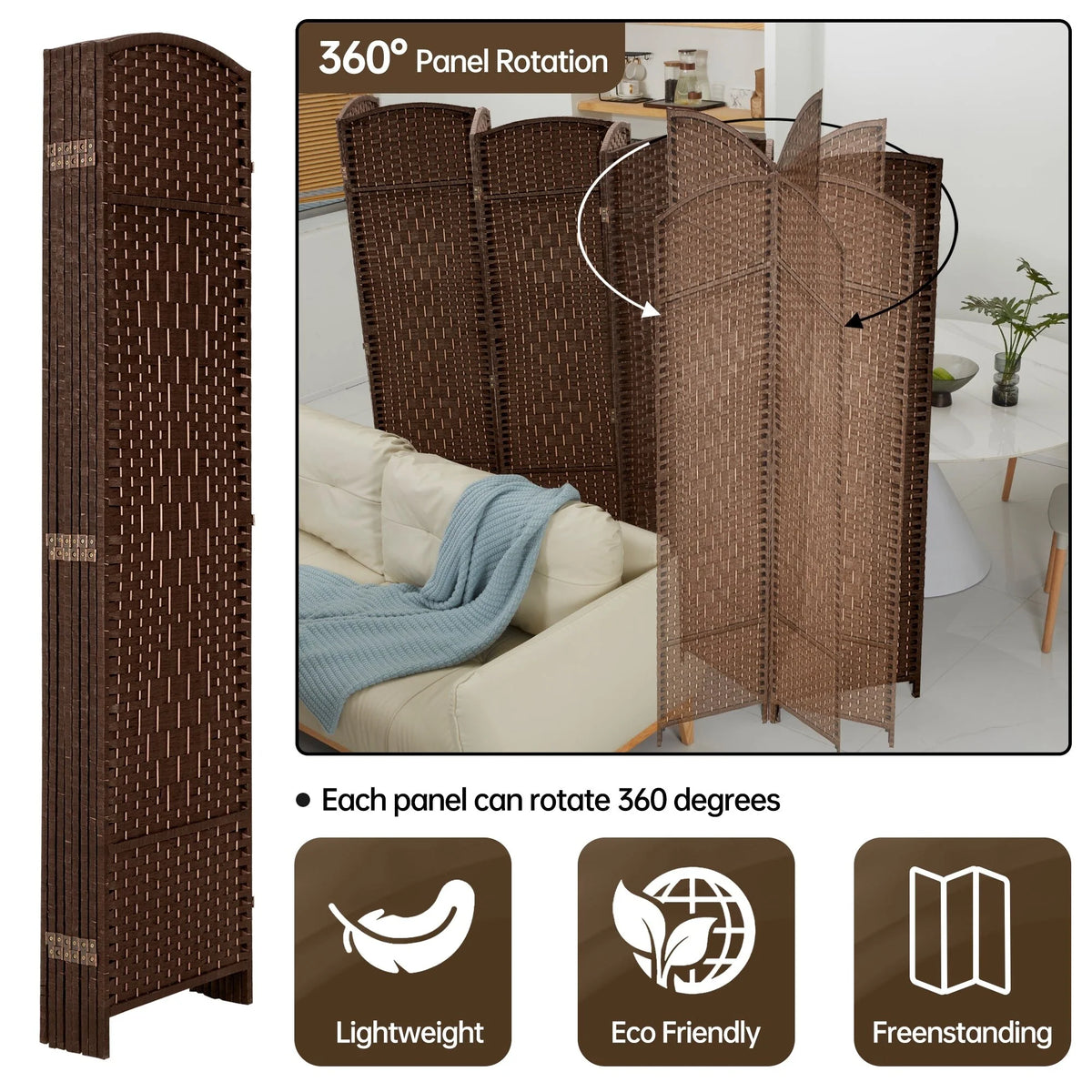 6 FT Tall Woven Fiber Room Divider, Freestanding Folding Privacy Screen
