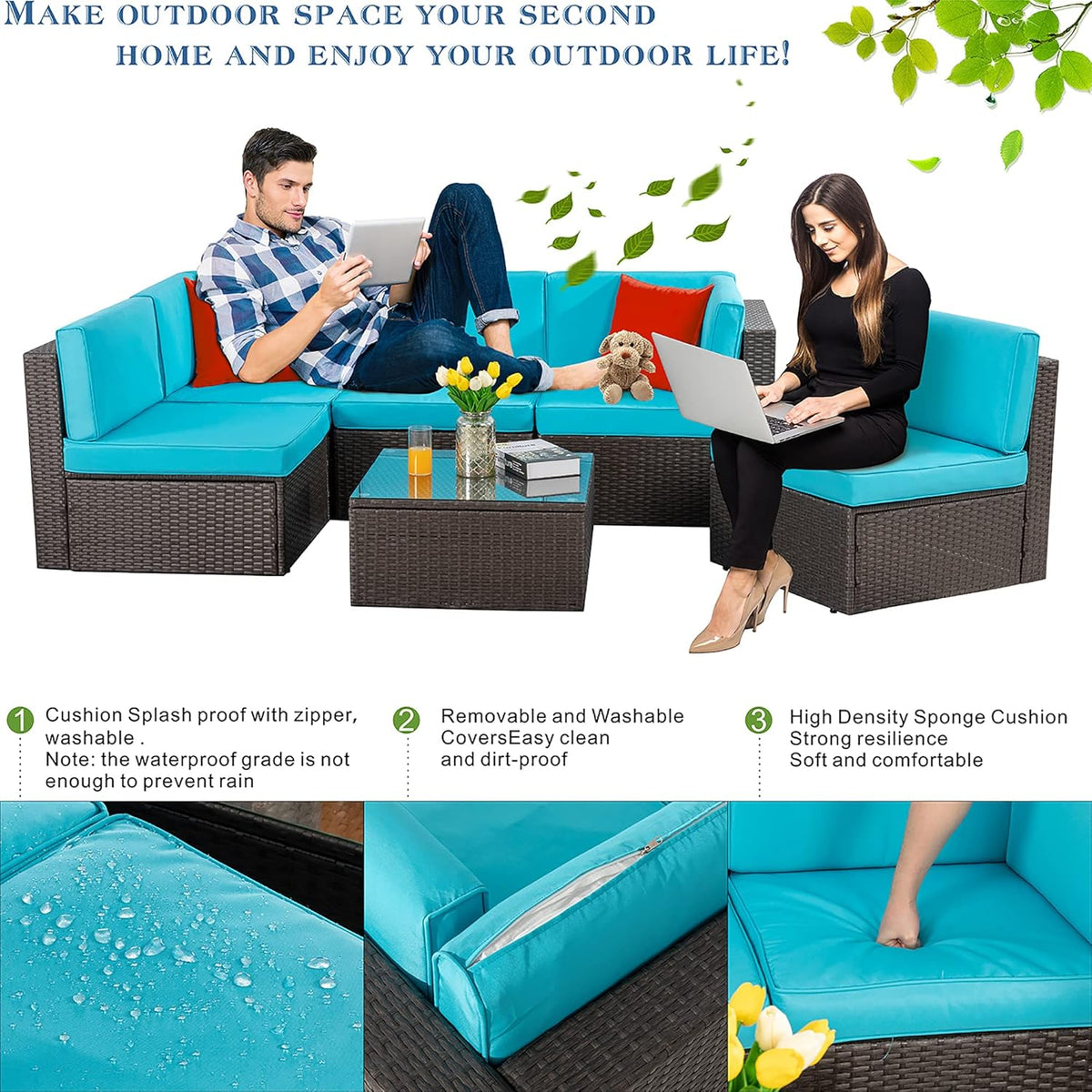 5-Piece All-Weather Patio Furniture Set with Ottoman, Outdoor Wicker Conversation Sofa Set with Cushions for Garden, Deck & Backyard