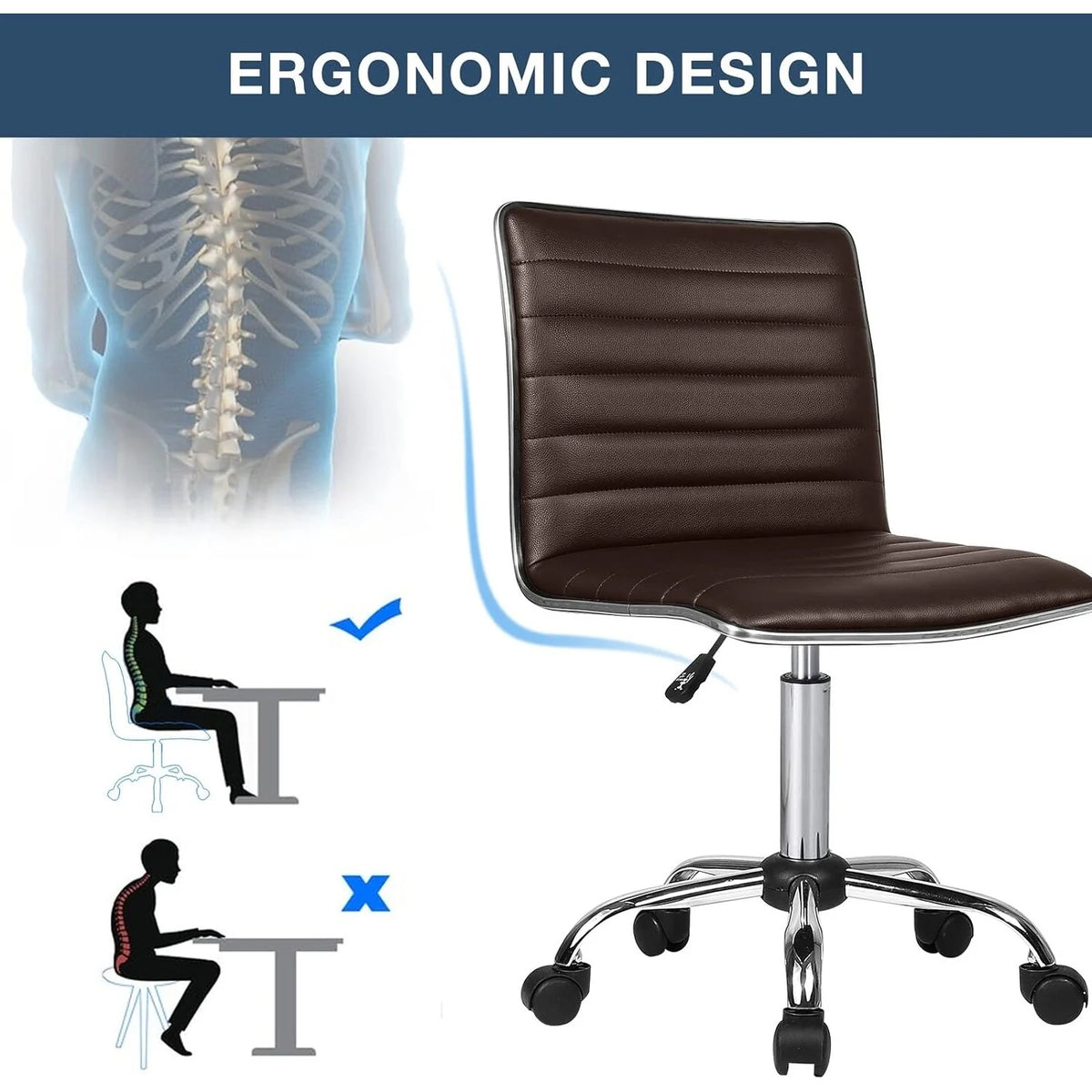 Adjustable Mid-Back Armless Swivel Office Chair, Ribbed Task and Vanity Chair for Small Spaces