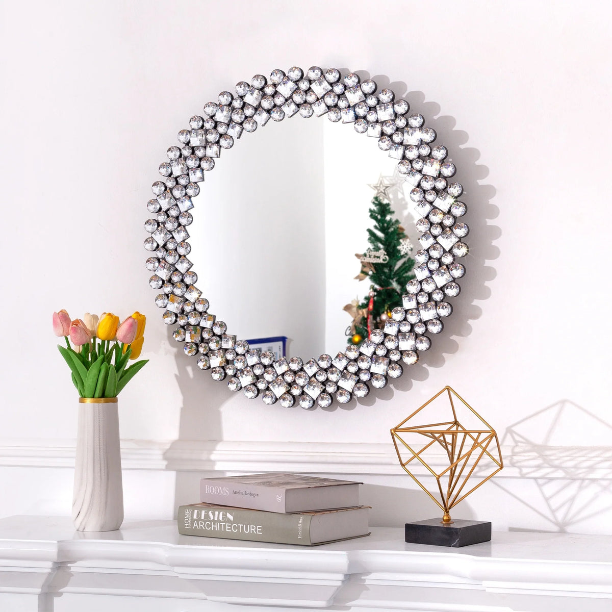 Modern Round Wall Mirror, Crystal Accent Decorative Mirror for Living Room, Bedroom and Entryway