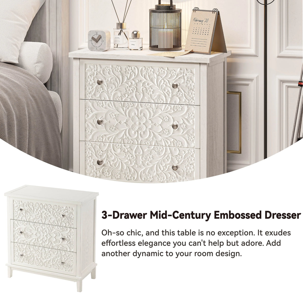 Farmhouse Fully Assembled Nightstand with 2 Drawers, Flower Motif End Table for Small Spaces