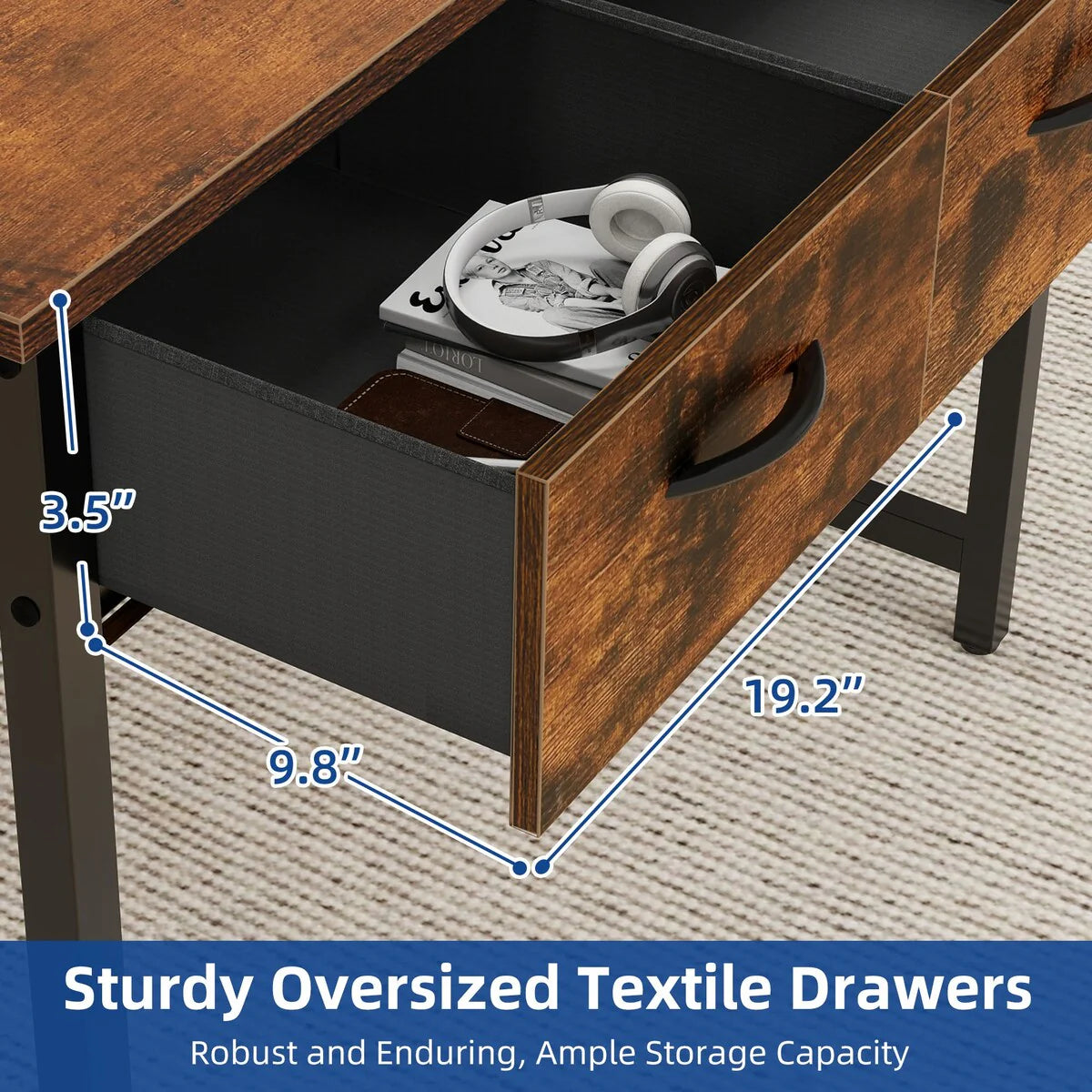 Small Computer Desk with Fabric Drawers and Monitor Stand, Compact Home Office Workstation for Small Spaces