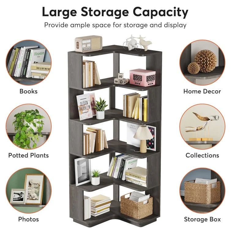 64.9 Inch Tall 6-Tier Corner Bookshelf, Freestanding Wood Industrial Bookcase