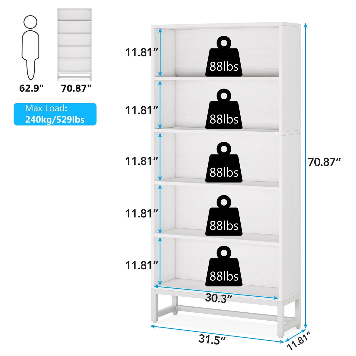 70.87 Inch Tall 5-Tier Bookcase, Large Bookshelf with 31.5 Inch Wide Storage