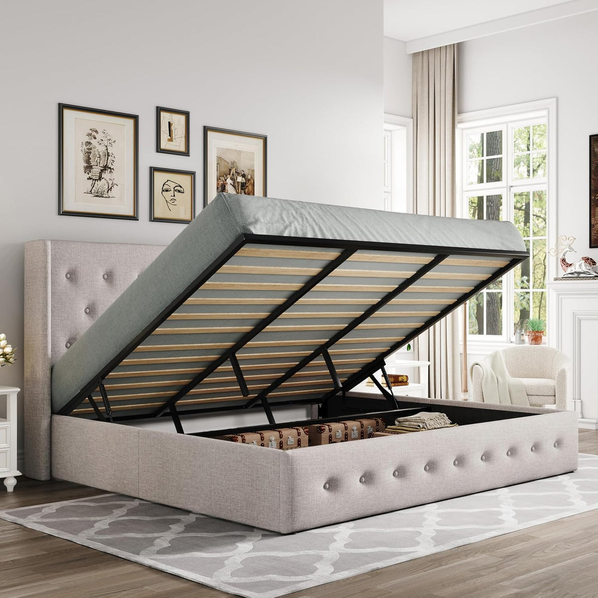 Queen Size Lift Up Storage Bed with Wingback Headboard, Upholstered Platform Bed Frame with Hidden Storage