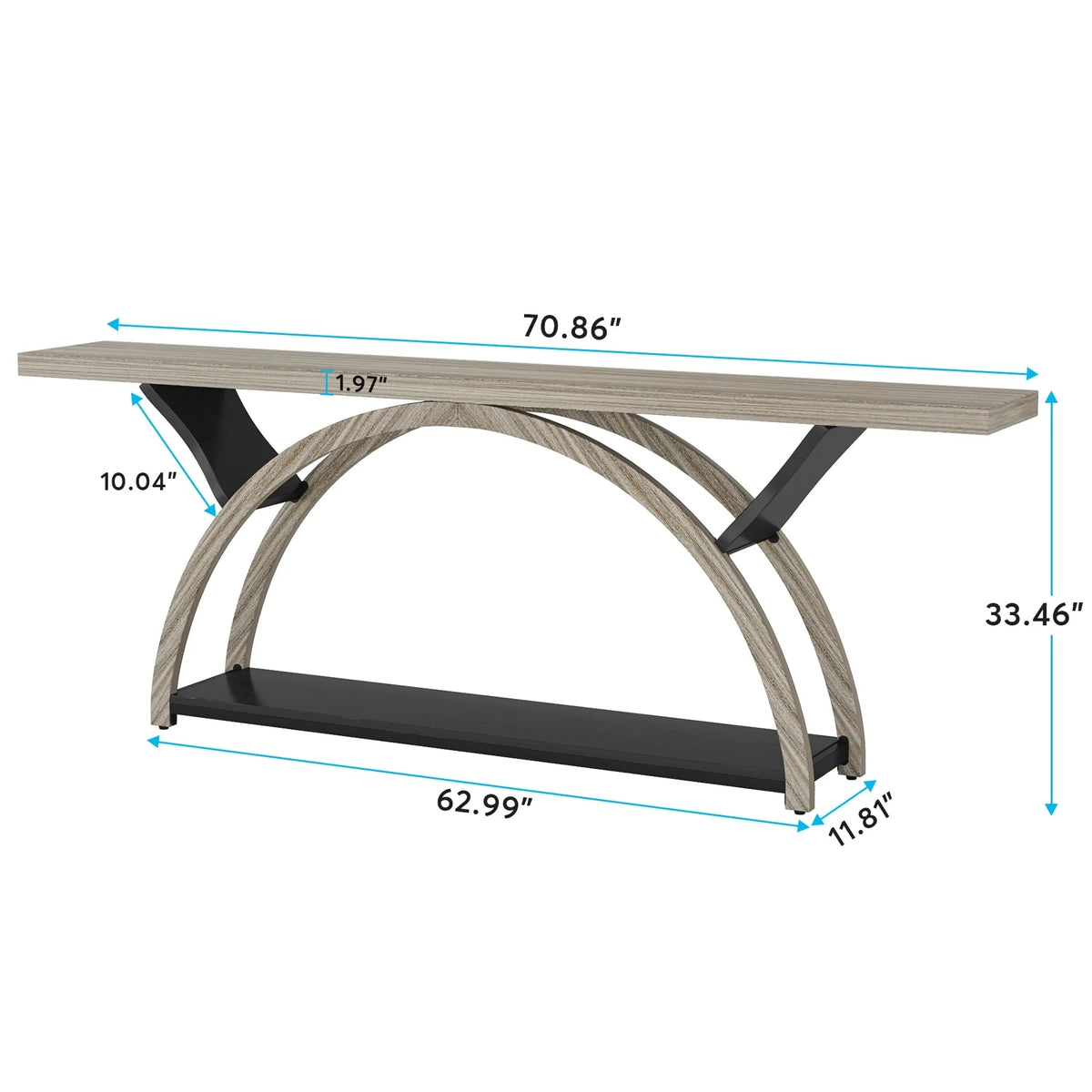 Gray 2-Tier Slim Console Sofa Table, Semi-Circular Metal Frame for Hallway