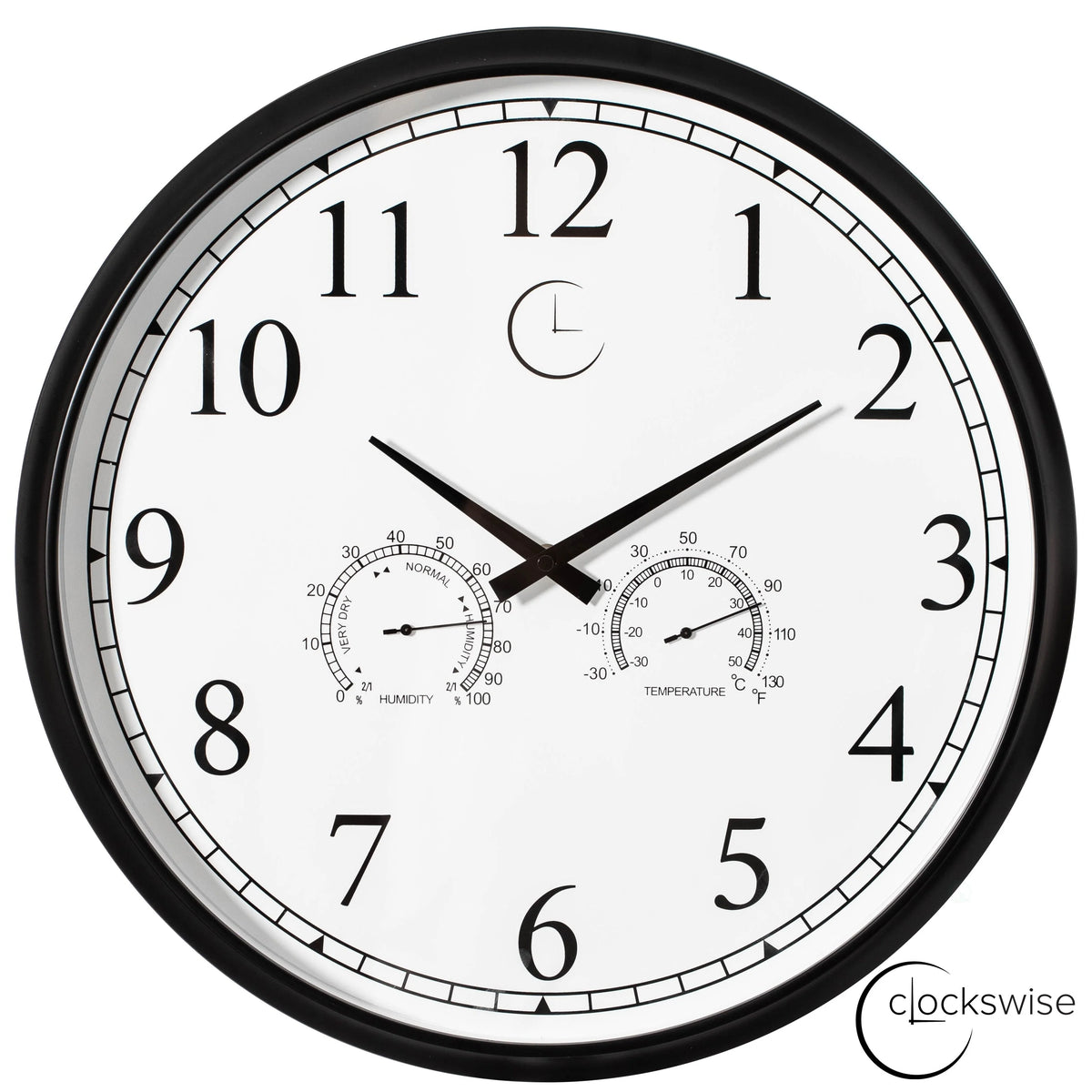 Large Outdoor Wall Clock with Thermometer, Waterproof Silent Garden Weather Station, Black