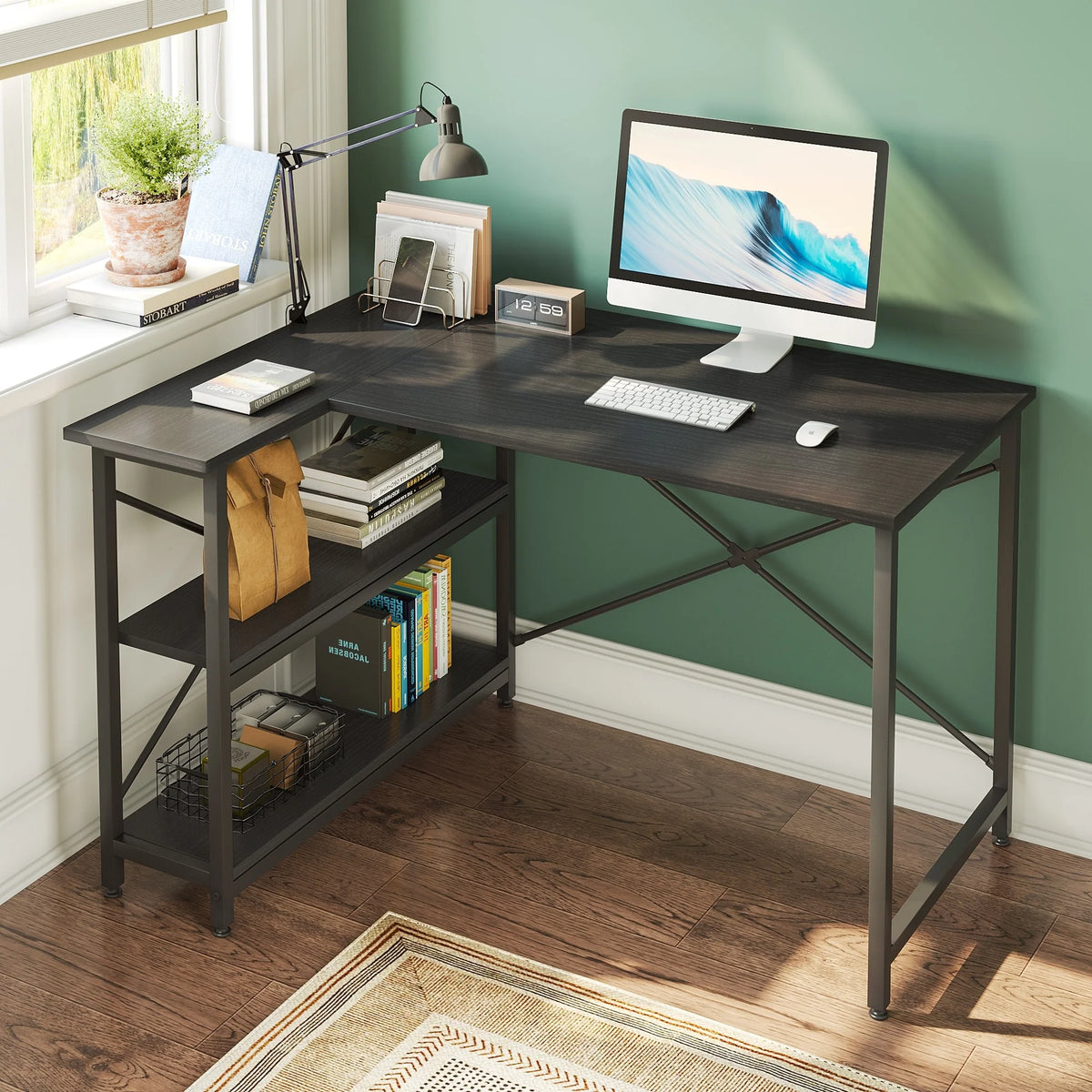 Small L Shaped Computer Desk with Storage Shelves, Compact Corner Workstation for Home Office and Study