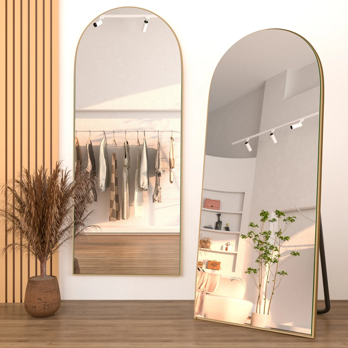 Arched Full Length Wood Floor Mirror, Full Body Standing and Wall Mounted Mirror for Bedroom, Living Room and Home Decor