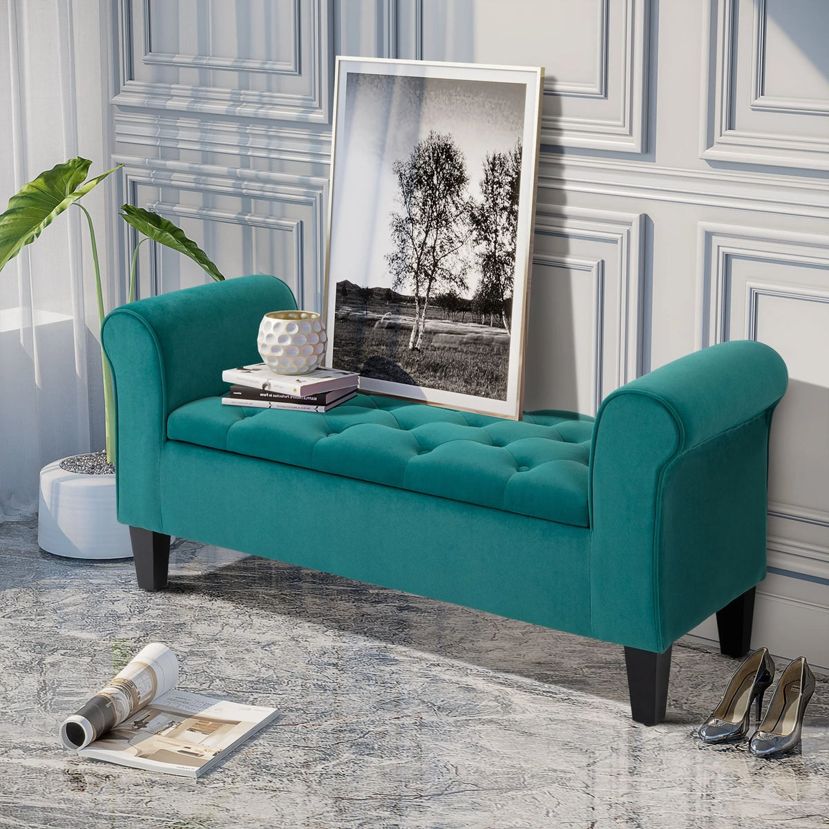Button-Tufted Storage Ottoman Bench, Upholstered Bed Bench with Rolled Armrests for Bedroom, Living Room and Hallway