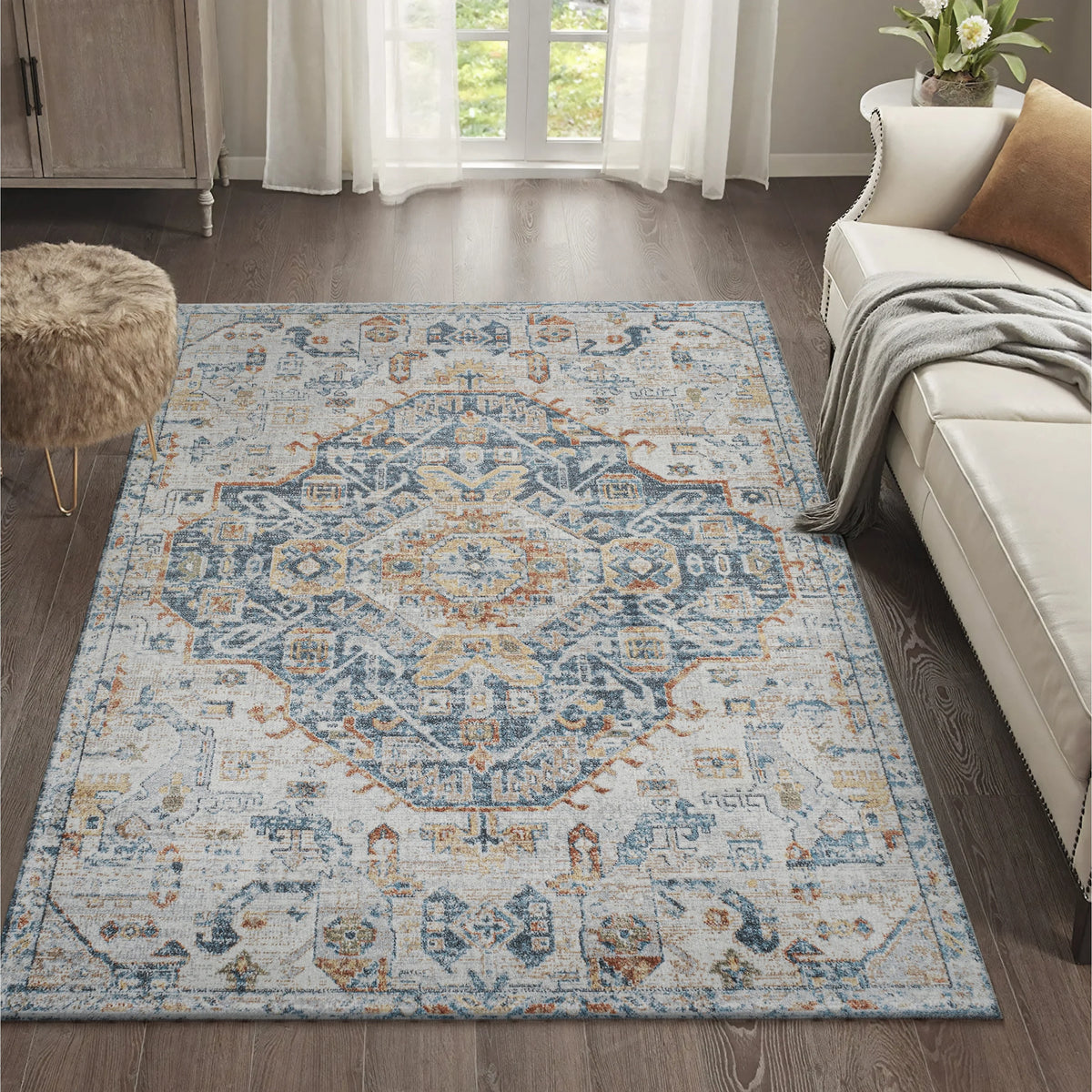Bohemian Medallion Low-Pile Machine-Washable Area Rug, Cream and Terra