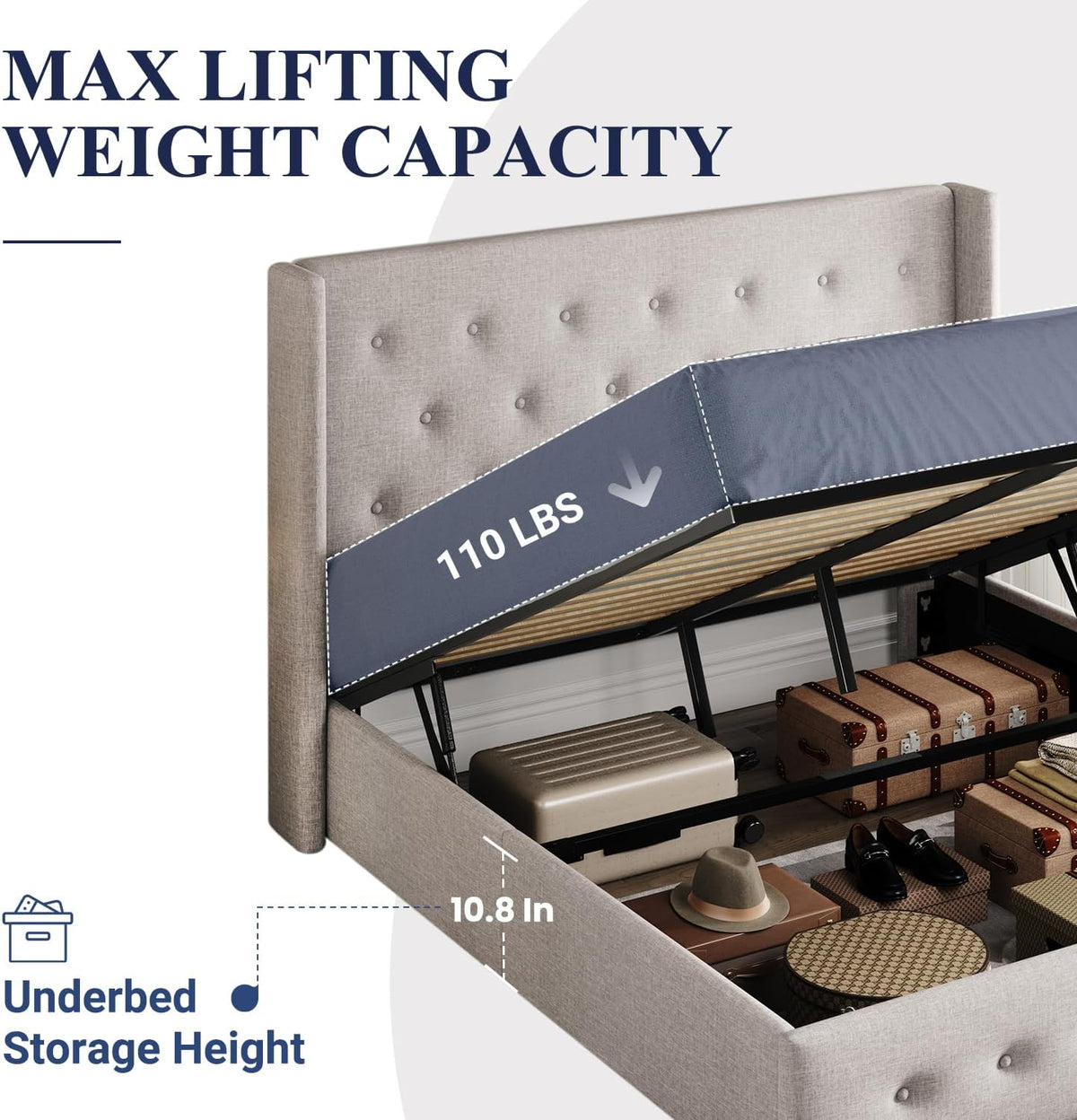 Queen Size Lift Up Storage Bed with Wingback Headboard, Upholstered Platform Bed Frame with Hidden Storage