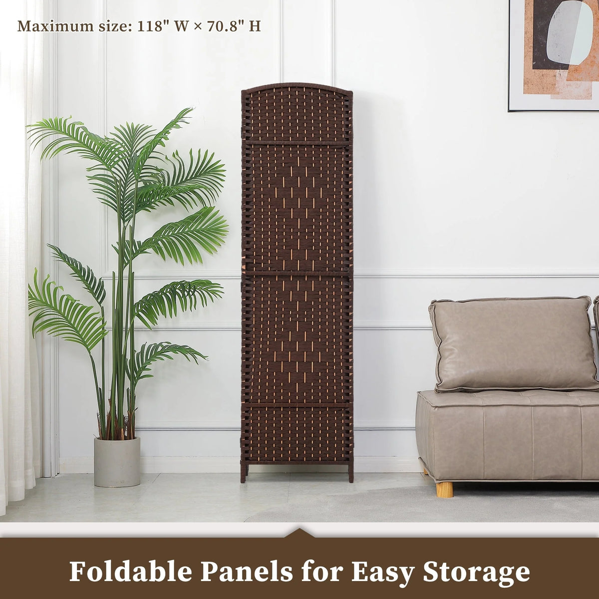 6 FT Tall Woven Fiber Room Divider, Freestanding Folding Privacy Screen