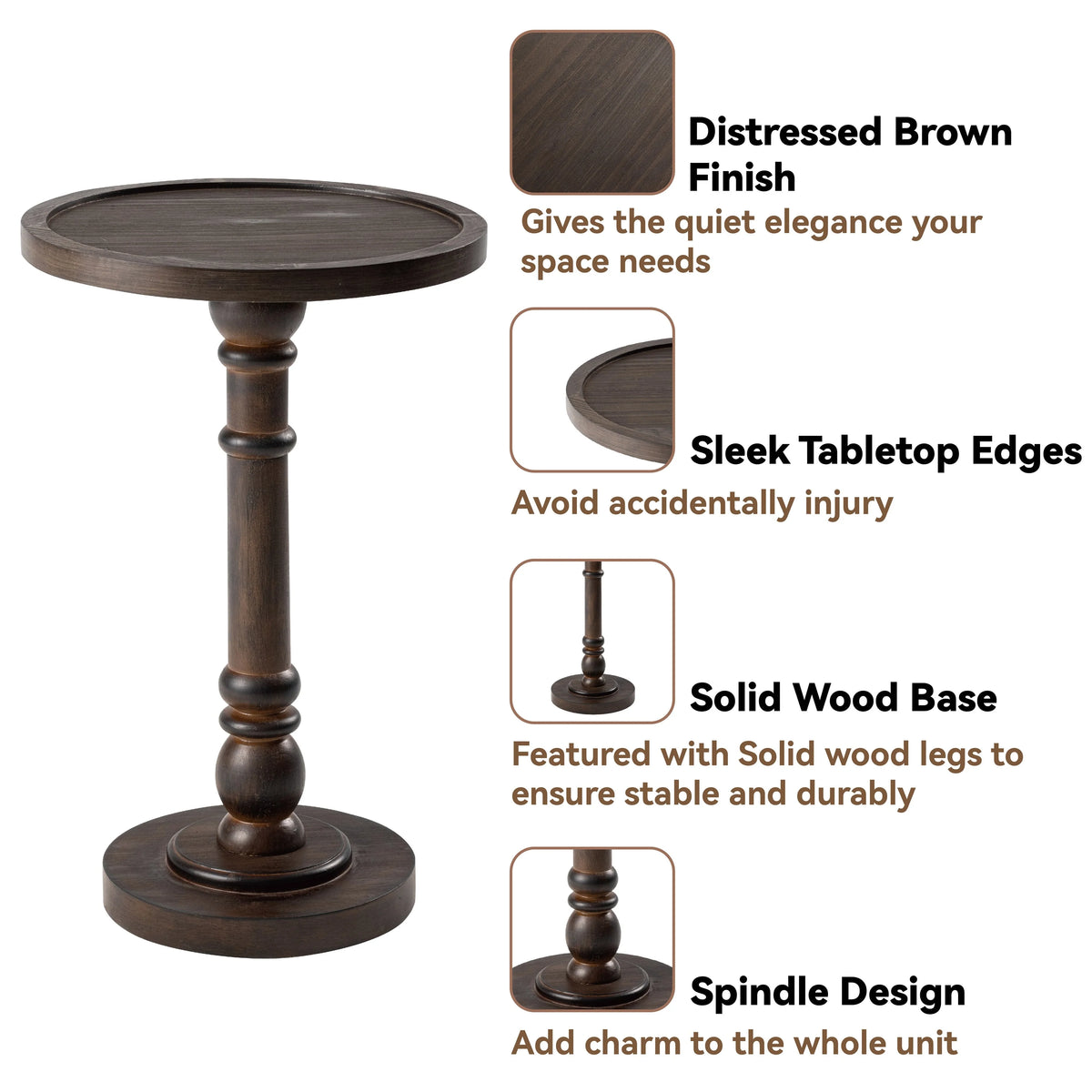 Small Pedestal End Table with Tray Top, Farmhouse Distressed Finish Accent Table