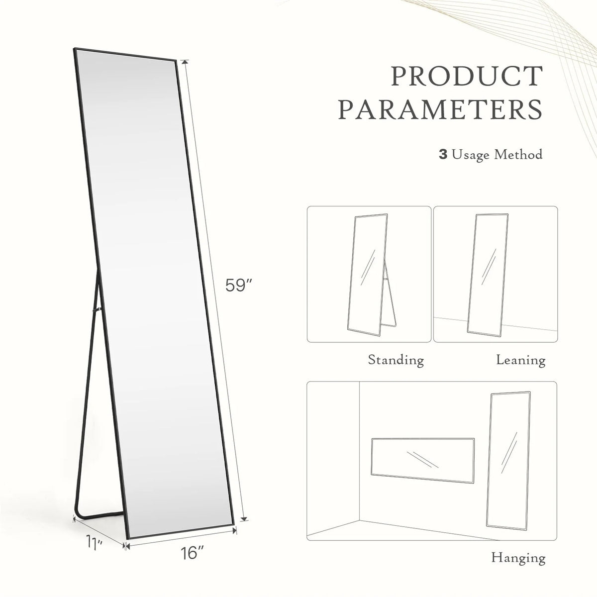 Full Length Mirror with Stand, Aluminum Alloy Frame Full Body Floor Mirror for Bedroom and Cloakroom