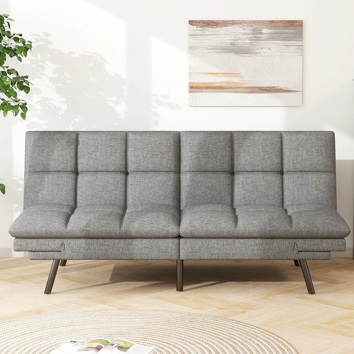 Convertible Futon Sofa Bed with Memory Foam, Foldable Loveseat Sleeper with Adjustable Armrests